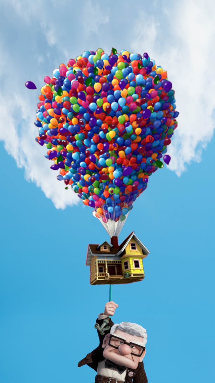 Carl Fredricksen’s house drifts through a clear blue sky supported by a massive bunch of colorful balloons.