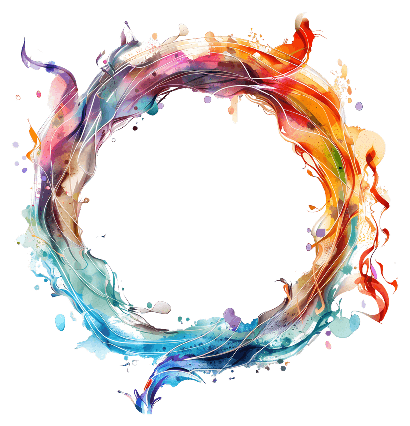 Vibrant circular paint splash features multi-colored splatters and textured brushstrokes on a clear background.