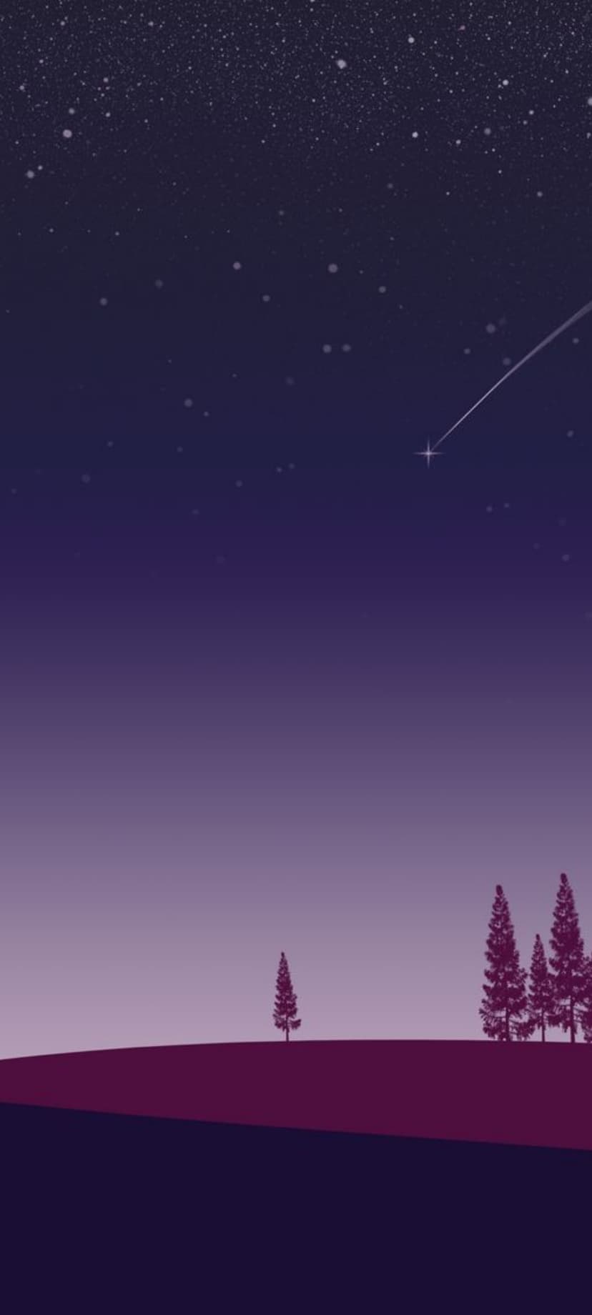 Silhouette evergreen trees on hills under a purple starlit sky featuring a bright white shooting star trail.