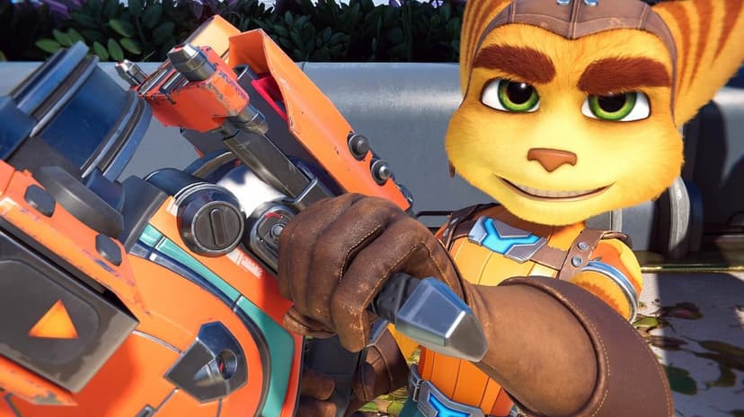 Ratchet smirk holding a large orange mechanical weapon with detailed fur textures and a soft garden backdrop.