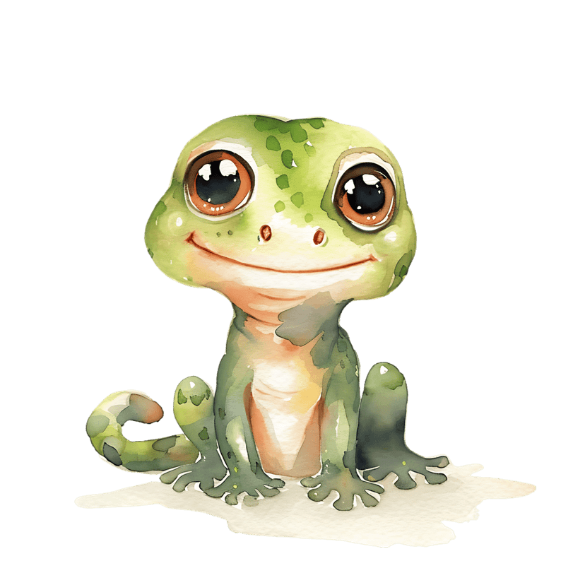 Green watercolor gecko sits against black background showcasing orange eyes and hand-painted texture details.