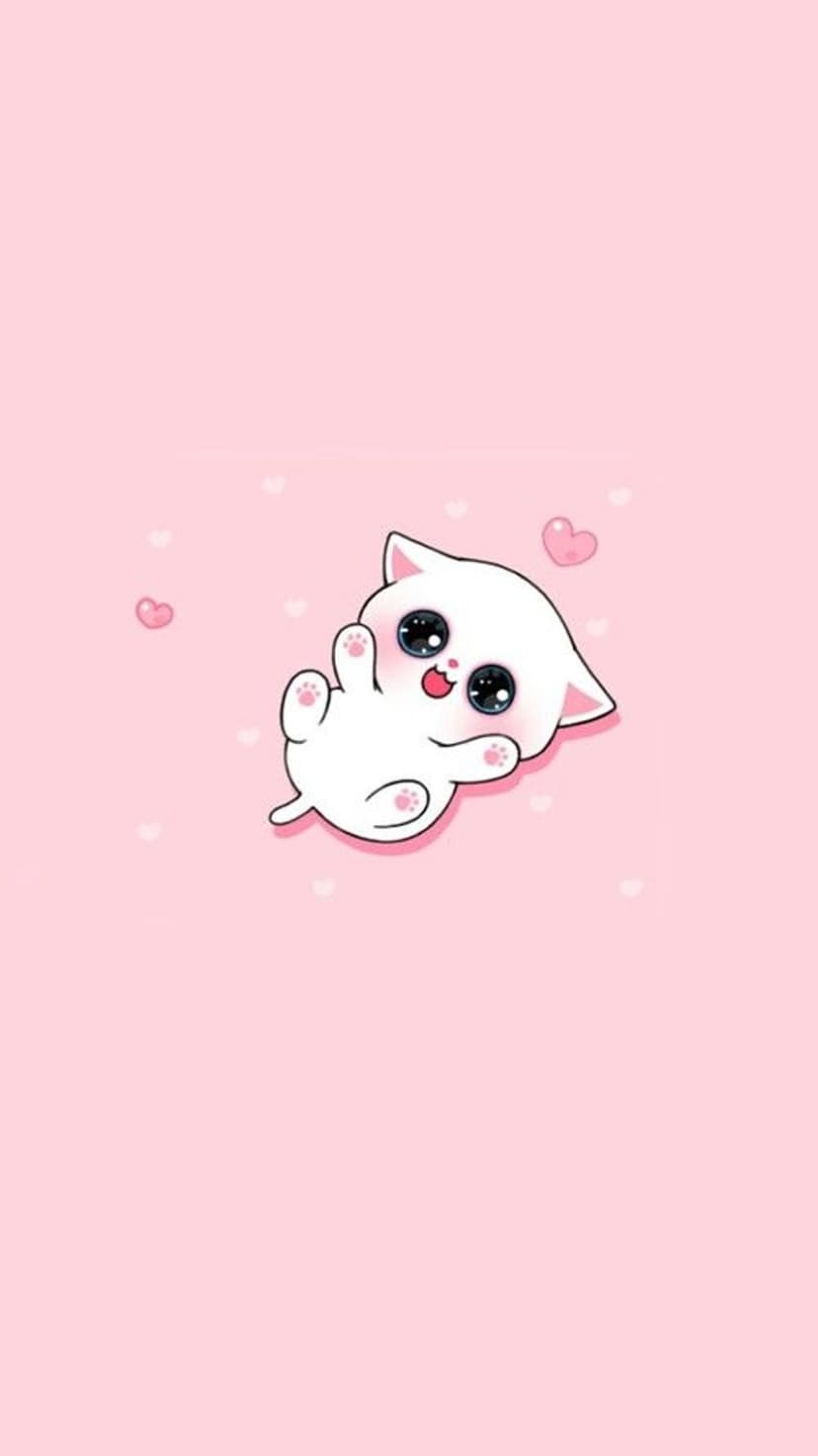 White kitten lying on its back with paws up and happy eyes surrounded by pink hearts on a pastel background.