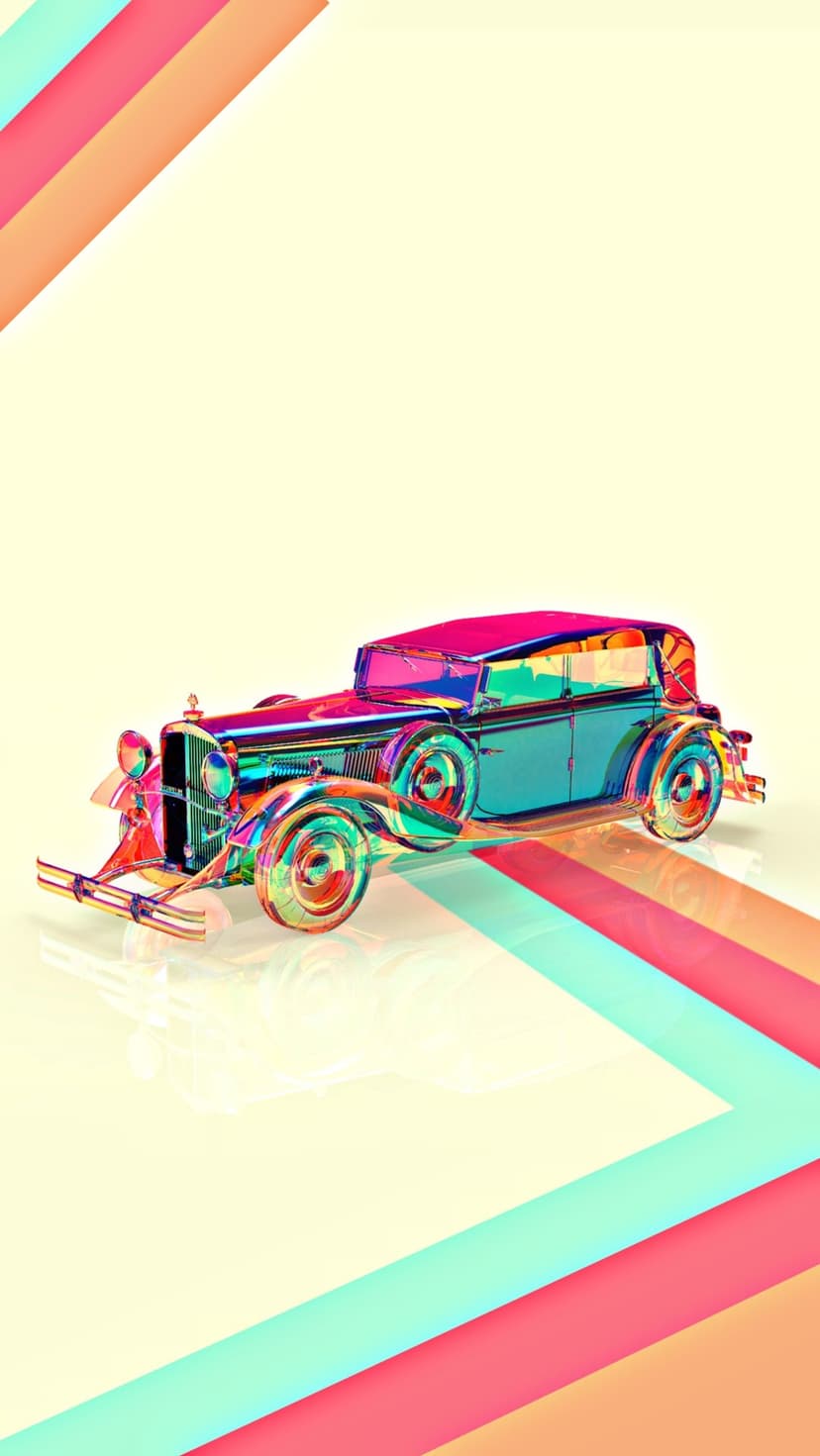 Classic convertible with a rainbow iridescent finish sits before pastel yellow and coral diagonal stripes.