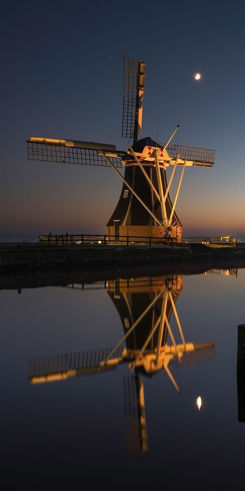 Traditional Dutch windmill at twilight reflecting in still water with a crescent moon in an indigo sky.