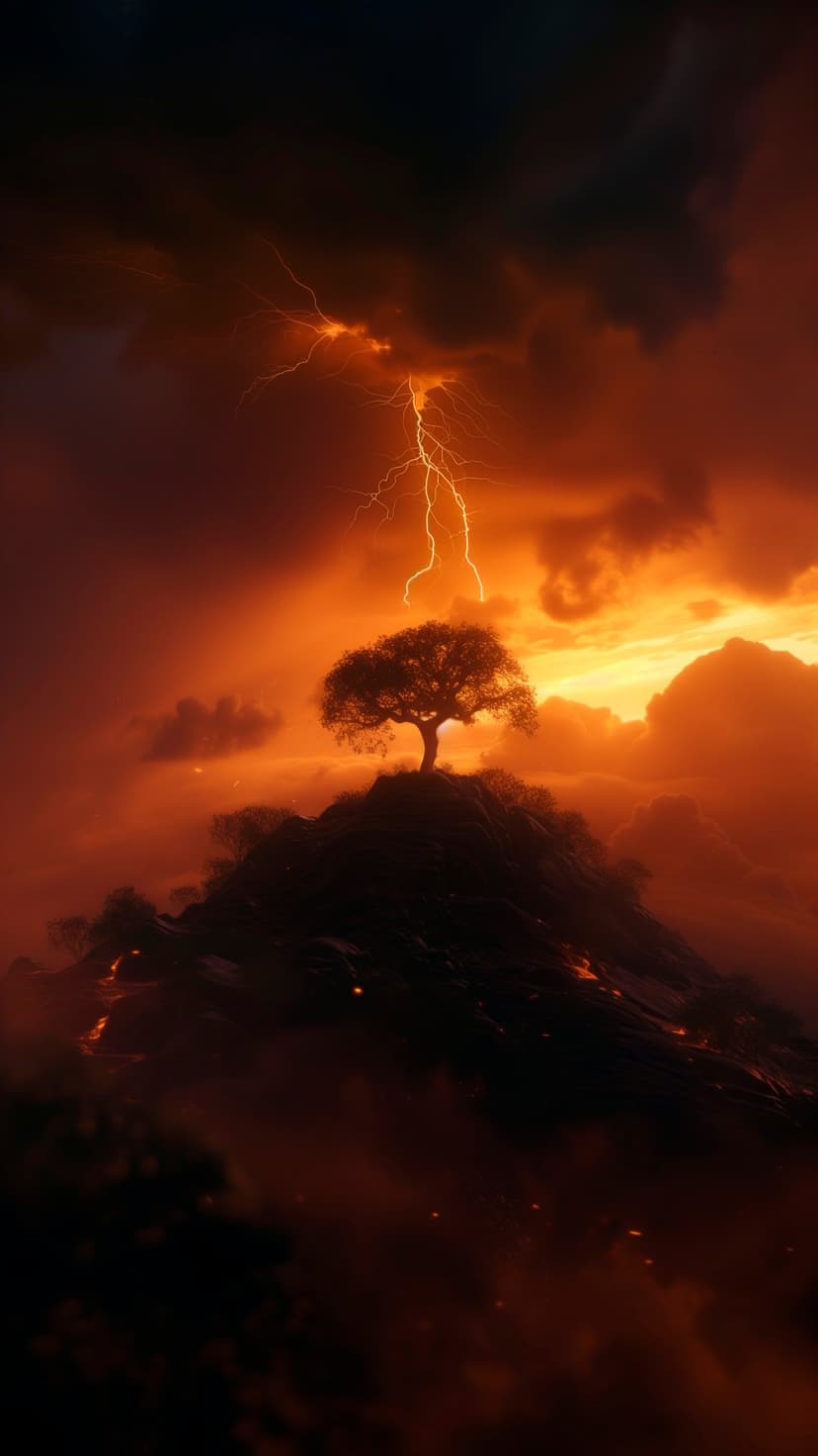 Lone tree struck by a brilliant lightning bolt atop a dark volcanic hill under a swirling orange and black sky.