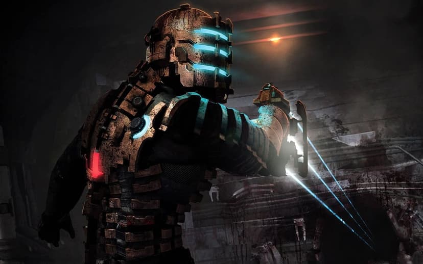 Isaac Clarke in a rusted space suit aims a laser plasma cutter in a dark, metallic sci-fi corridor.