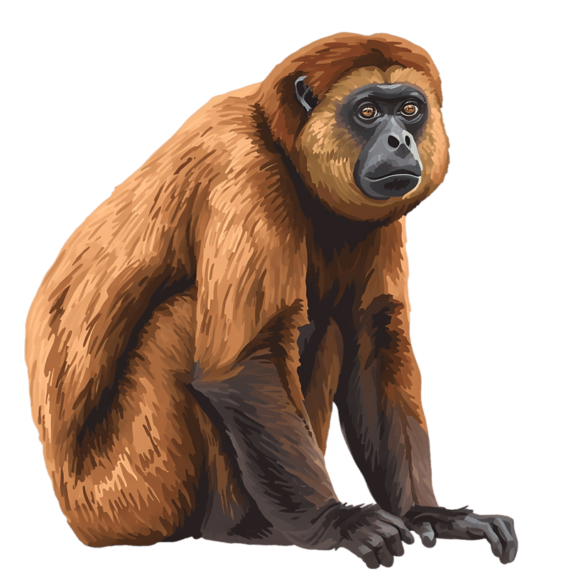 Brown monkey primate with detailed fur sits in a calm posture against a solid dark background for contrast.