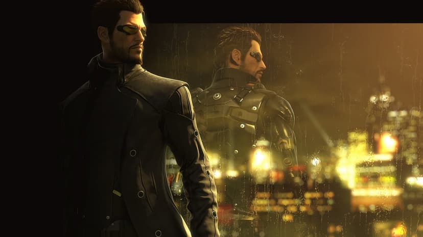 Adam Jensen in a black coat stands before a rainy cyberpunk cityscape with golden amber lights and bokeh.