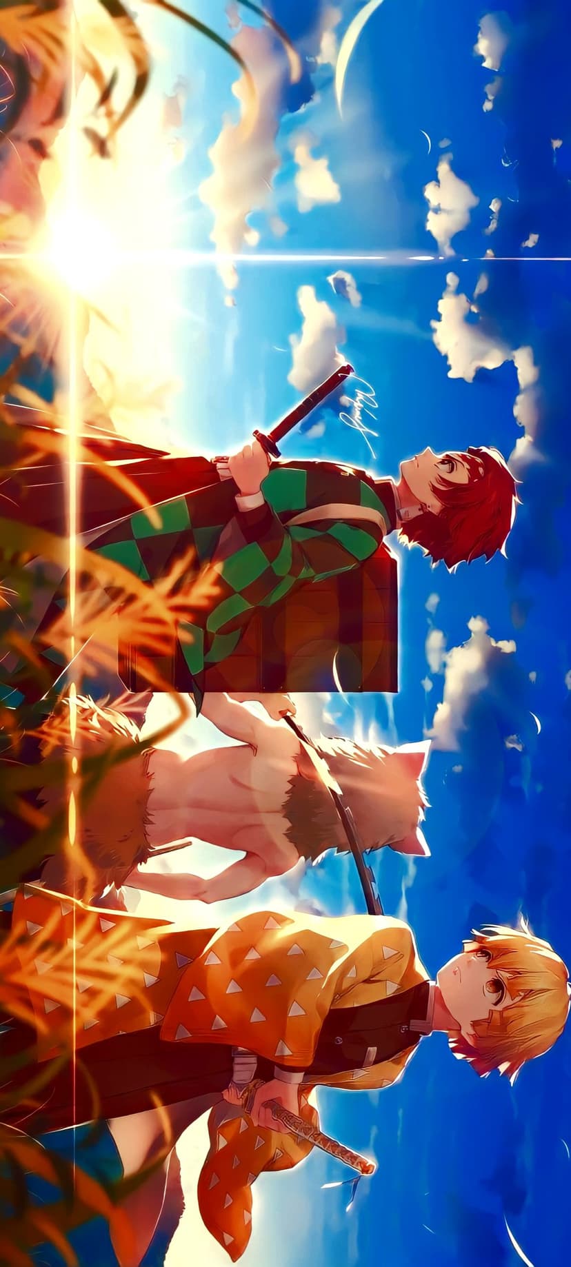 Three young samurai with katanas stand against a radiant blue sky with sunbeams and towering white clouds.