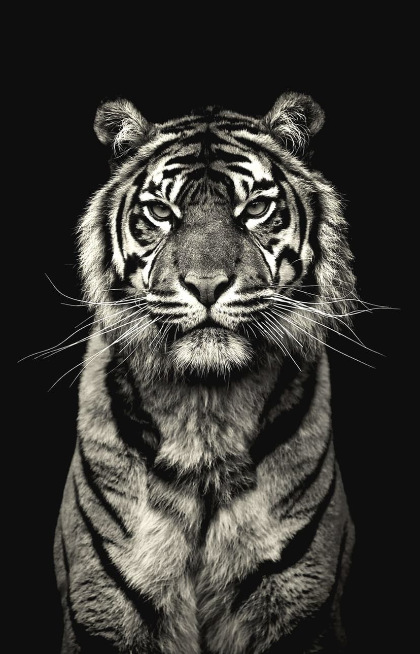Tiger face close-up featuring sharp eyes and intricate fur patterns set against a dark, shadowy background.
