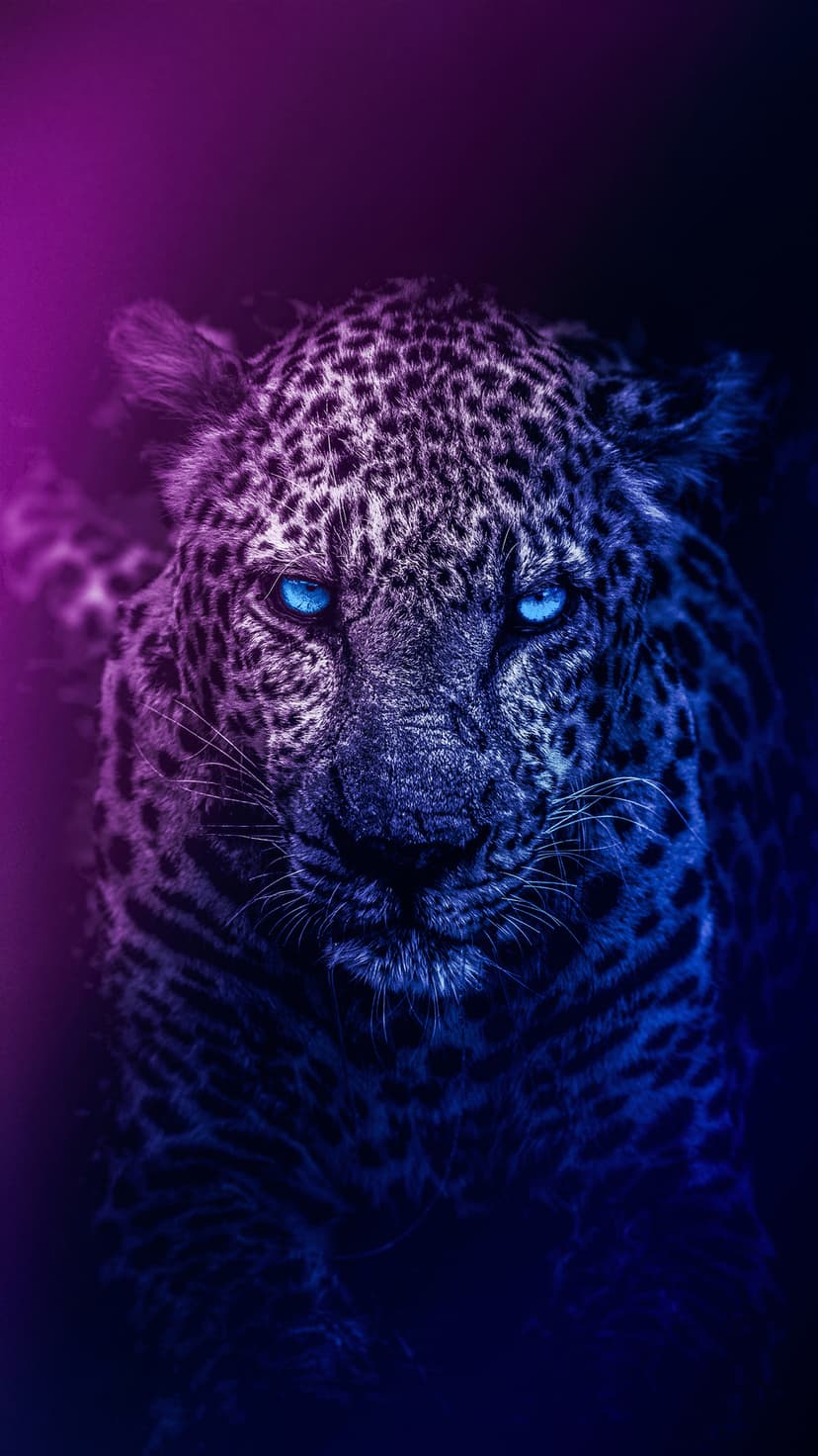 Leopard face with glowing blue eyes and purple neon light highlights on its fur against a dark background.