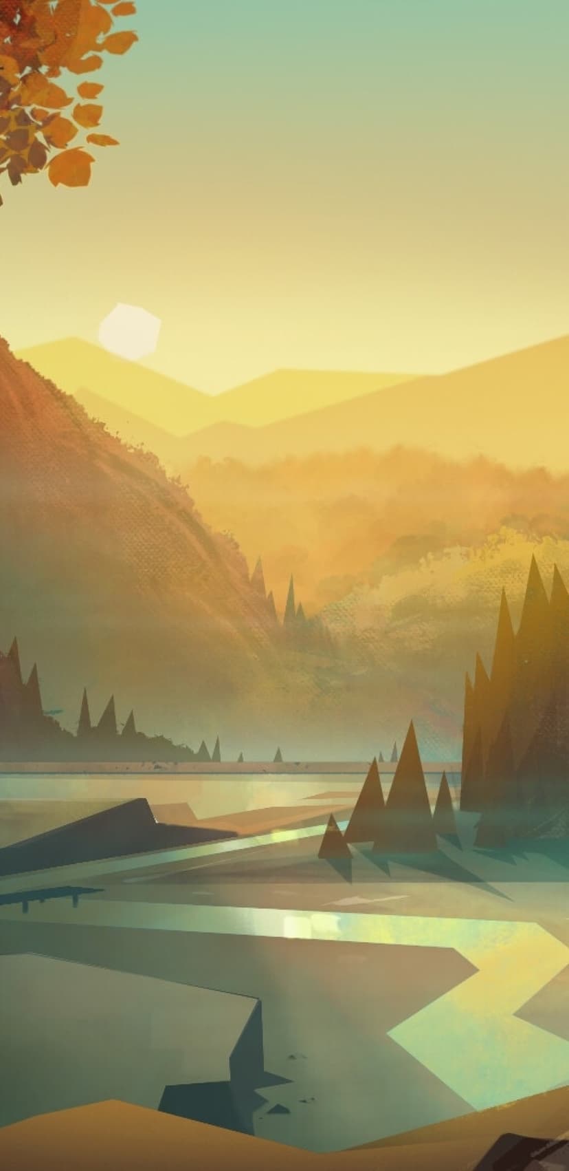 Golden autumn leaves frame a sunset valley with distant mountains and a winding river under a hazy orange sky.