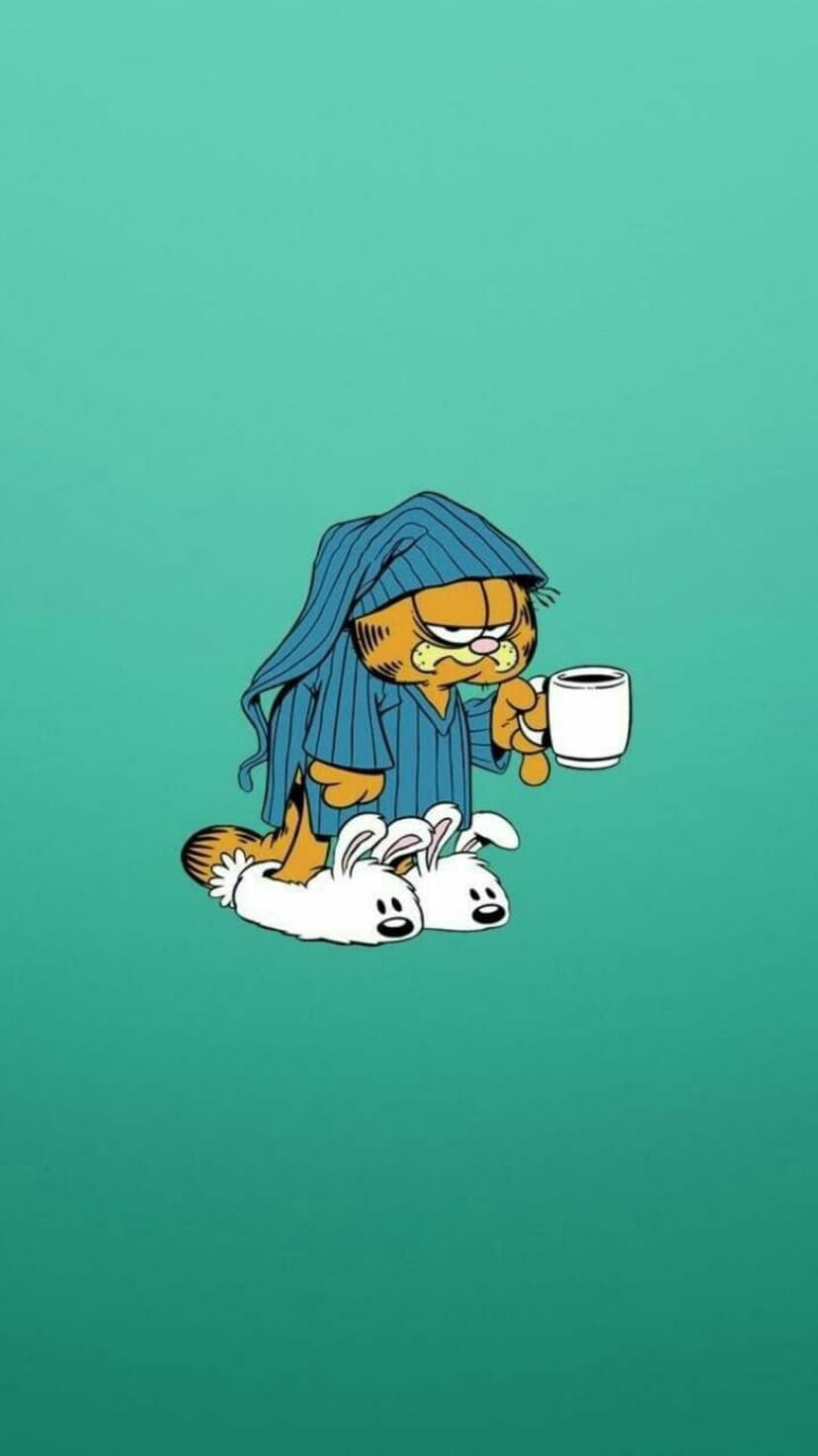 Garfield the orange cat wears blue striped pajamas and bunny slippers while holding a white coffee mug.