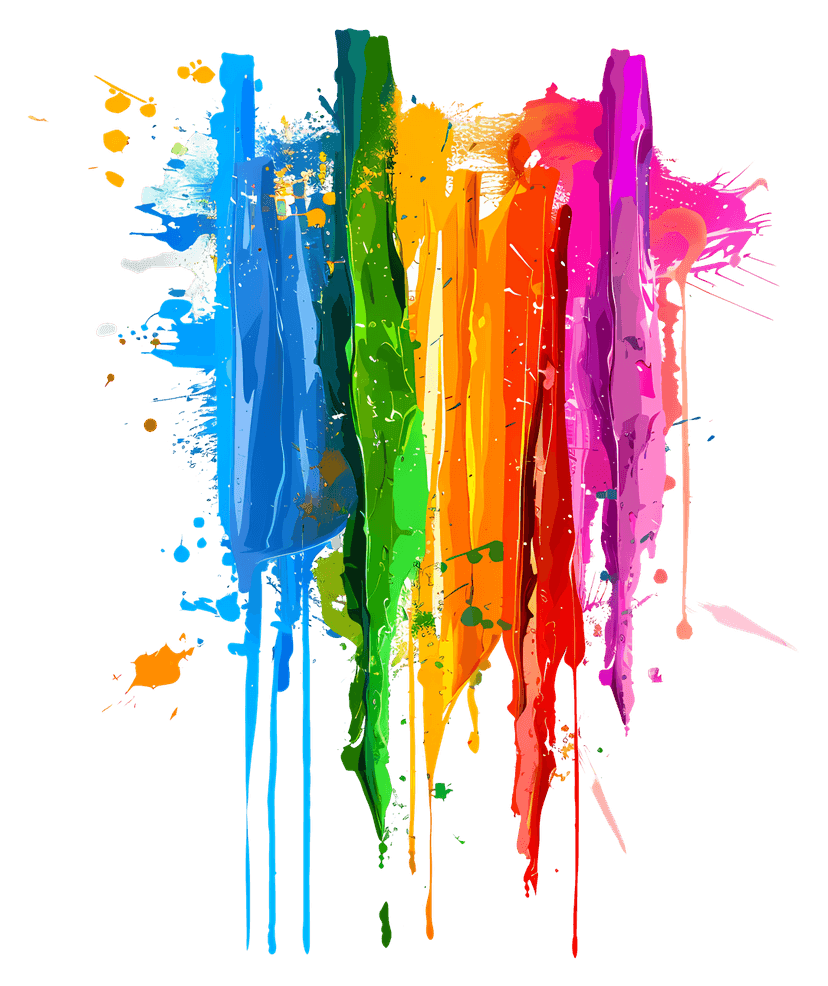 Vibrant paint splashes splatter across a transparent background featuring sharp edges and saturated rainbow hues.
