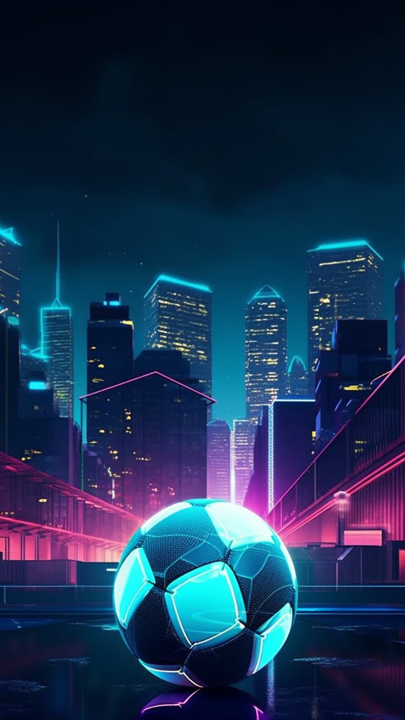 Neon blue soccer ball glowing on a reflective ground within a pink and purple cyberpunk city nightscape.