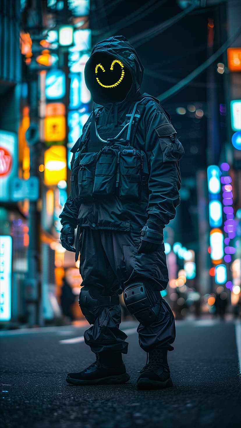 Cyberpunk character in black tactical gear wears a glowing yellow smiley face mask in a neon-lit dark alley.