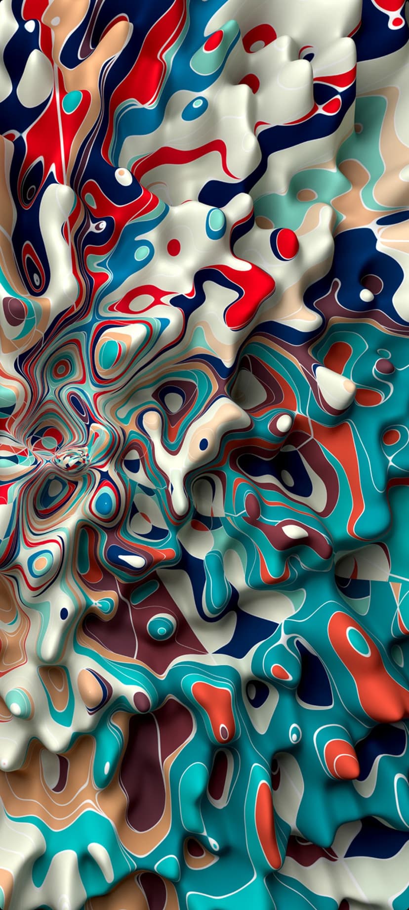 Flowing blue and red organic swirls with cream marbling create a textured liquid pattern in a vertical layout.