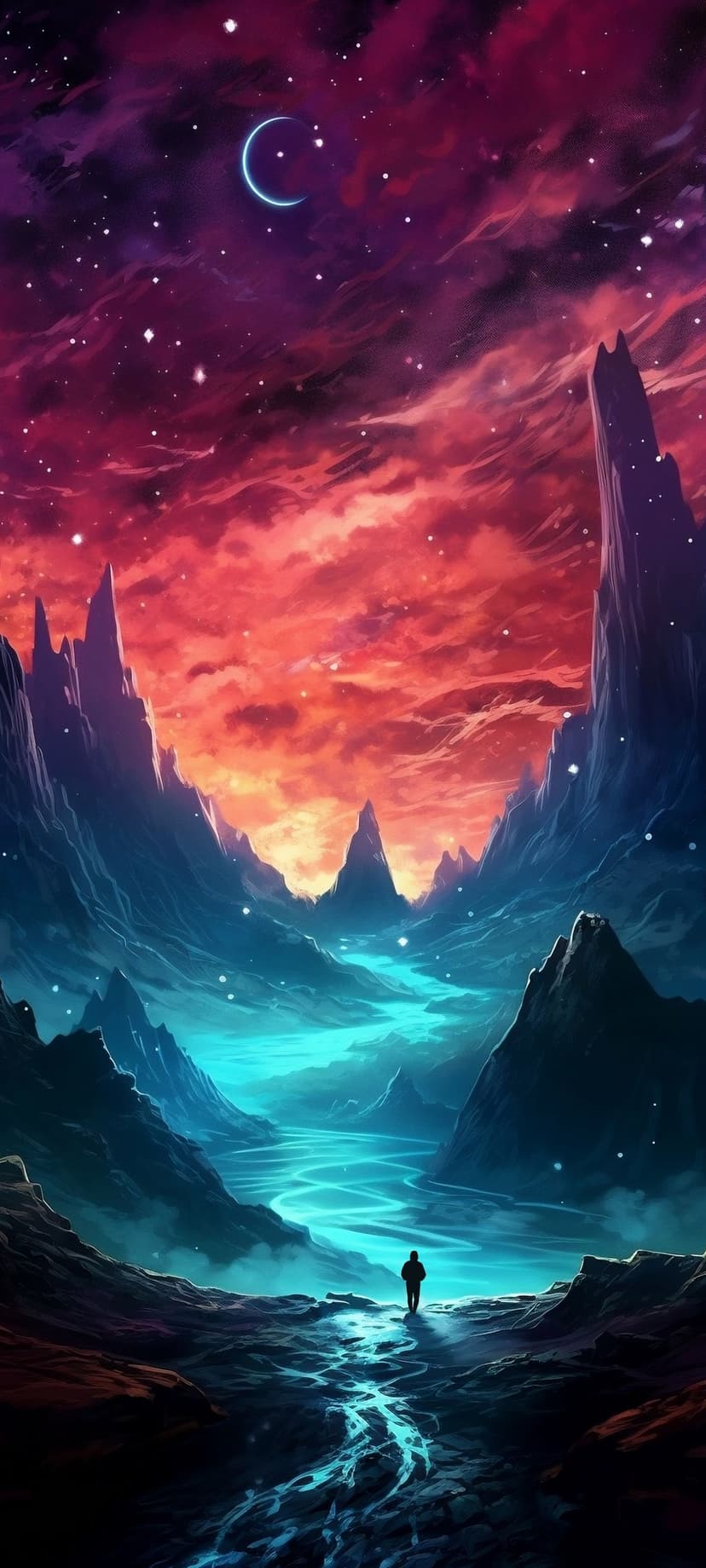 A lone traveler overlooks a glowing turquoise river and jagged mountains beneath a purple nebula and crescent moon.