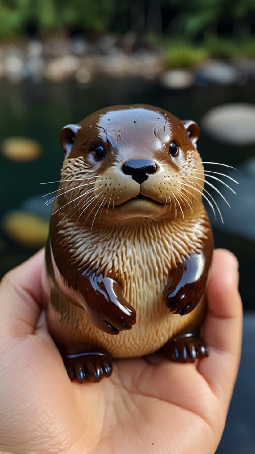 Otter figurine with realistic fur textures held in a person's hand against a soft-focus river and green plants.