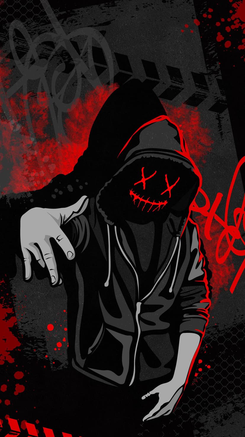 Masked figure in a black hoodie with glowing red X eyes and a stitched smile against a red graffiti background.