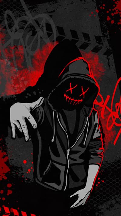 Dark Hooded Figure with Red X Mask and Graffiti