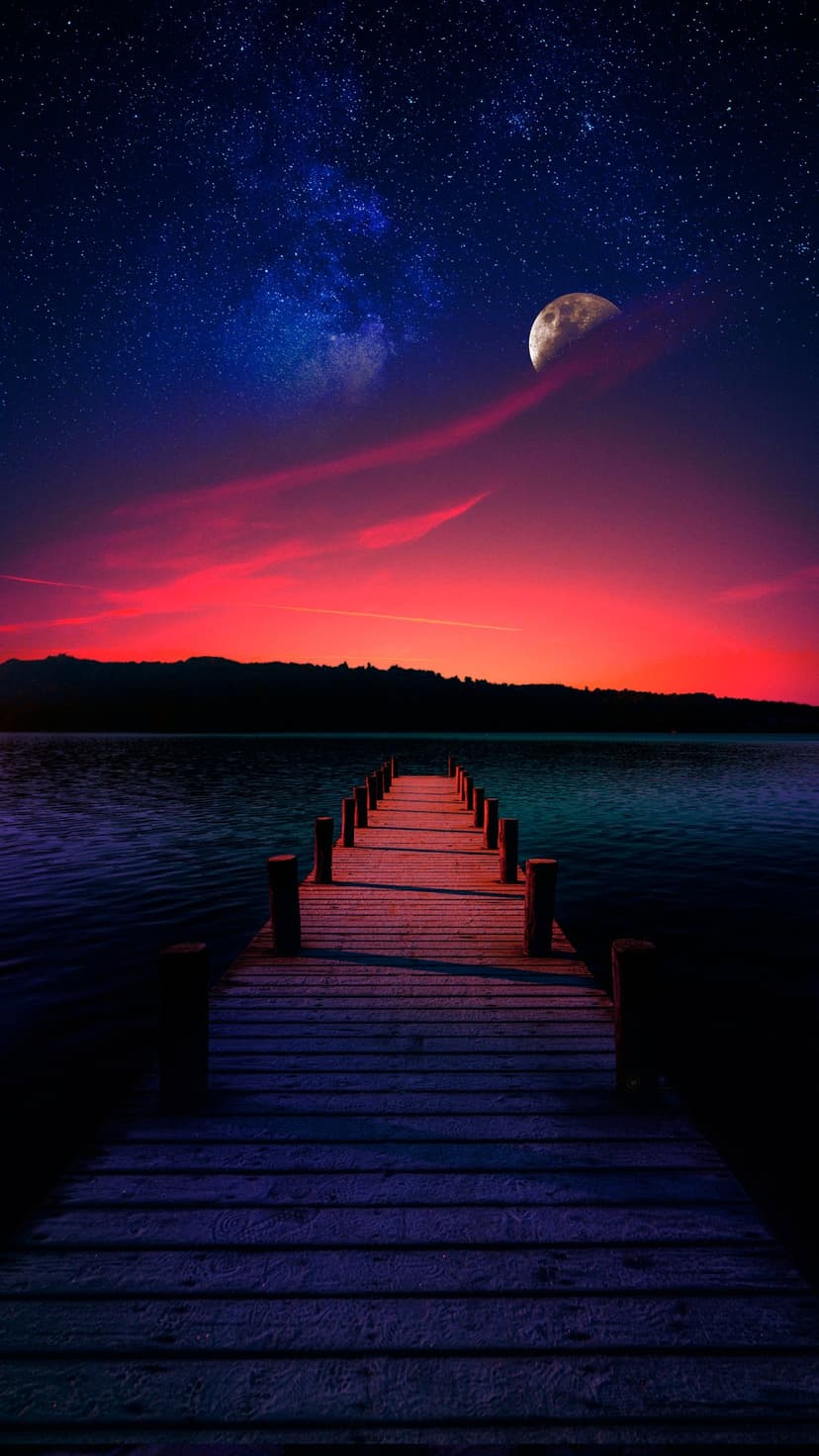 Wooden dock leading into a calm lake under a purple starry sky with a bright moon and Milky Way galaxy.