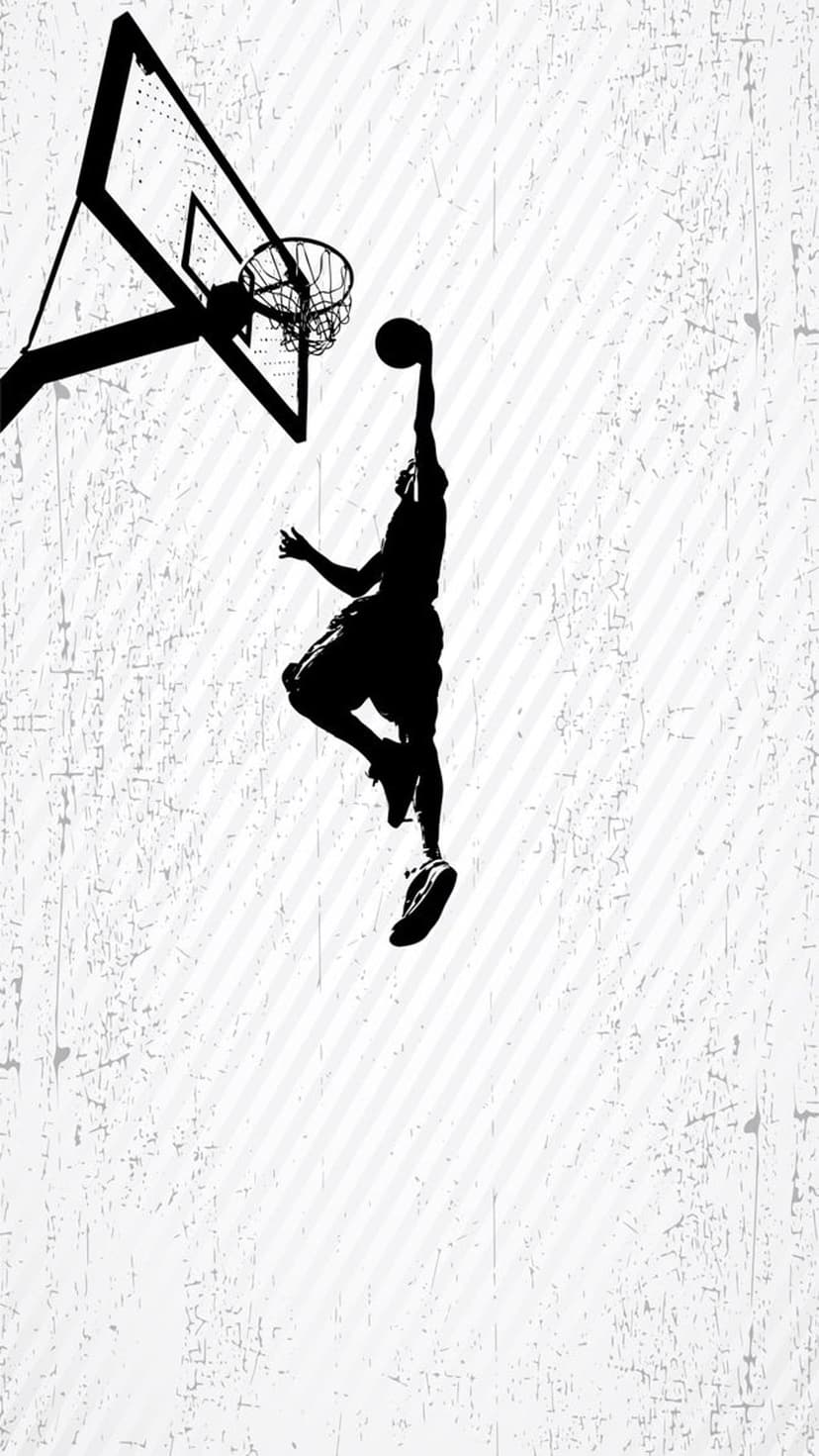 Basketball player silhouette leaping toward a rim against a textured black and white urban background.