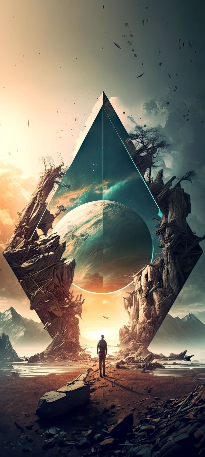 Lone silhouette stands before a giant diamond-shaped portal revealing a swirling purple planet and stars.