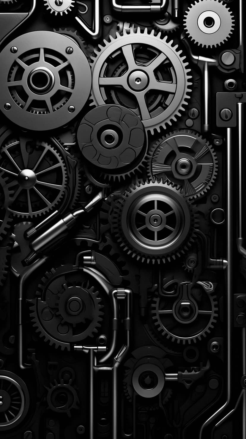 Black mechanical gears and interlocking cogs with metallic textures arranged in a complex industrial assembly.