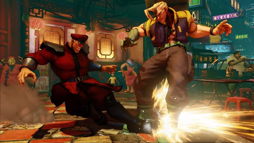 M. Bison slides low while Nash performs a flaming kick in a vibrant nighttime Chinese street market scene.