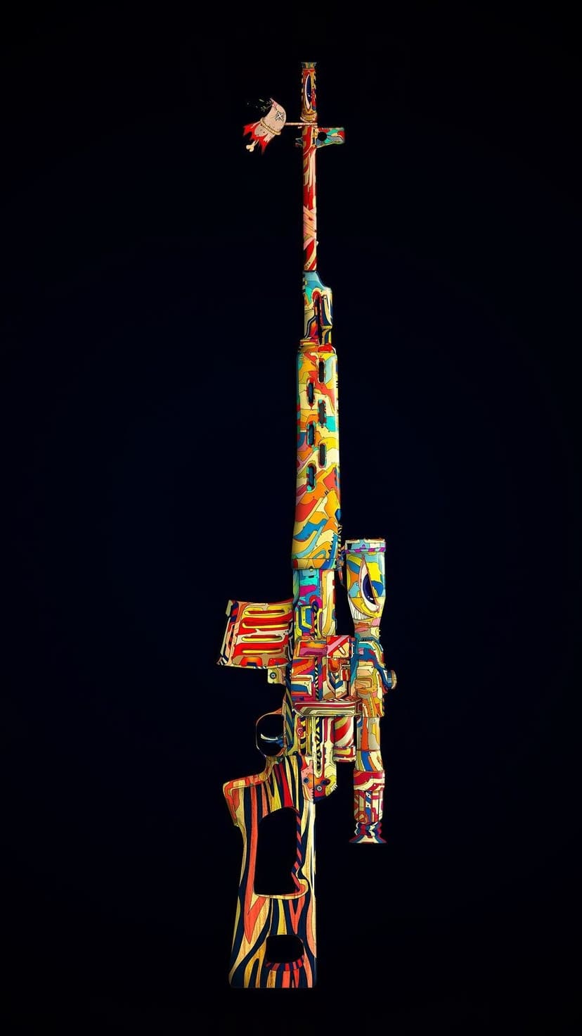 Sniper rifle with a colorful abstract pattern on the scope and barrel isolated against a solid black background.