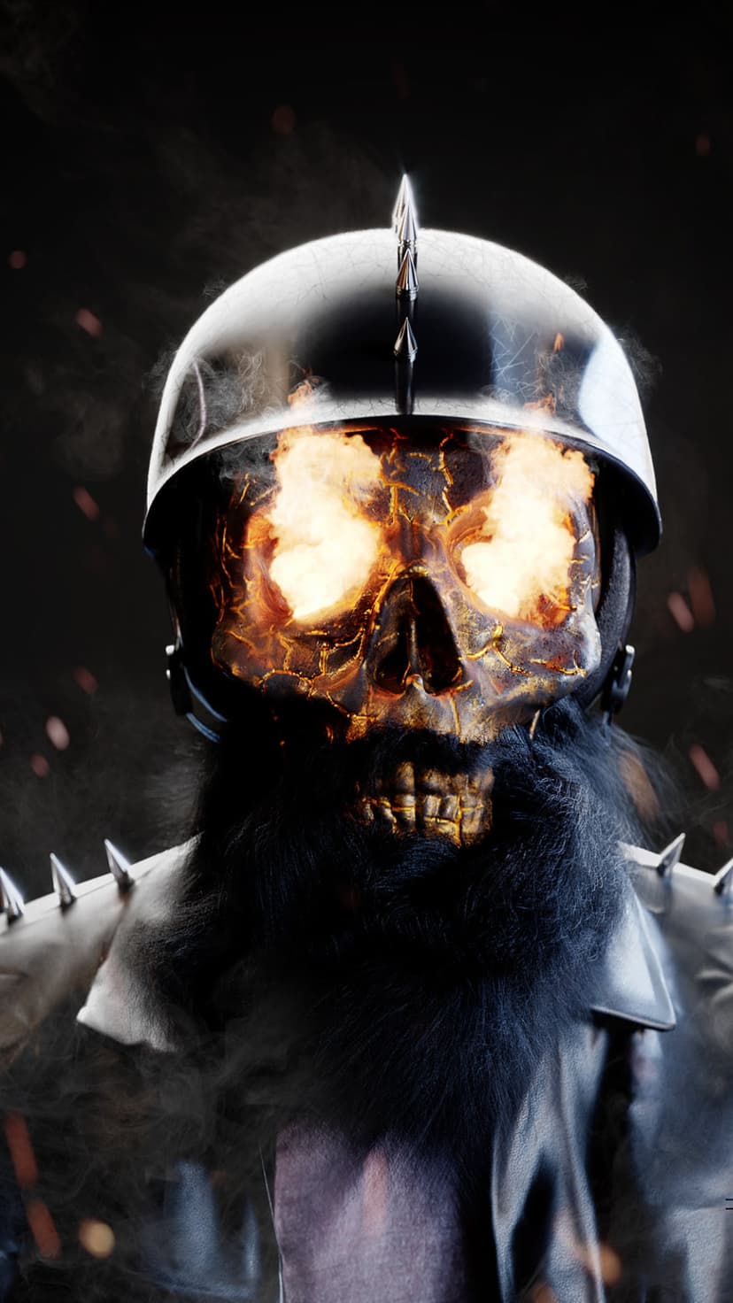 Undead knight with burning eyes and a spiked metal helmet stares forward amidst floating embers and smoke.