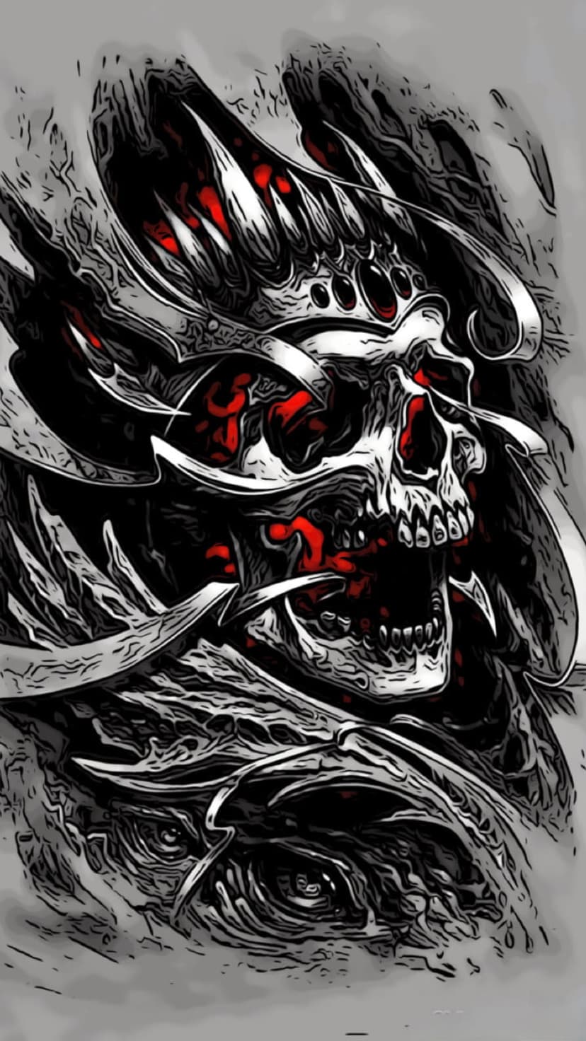 Human skull wearing a jagged crown with bright red paint splatters against a dark textured monochromatic background.