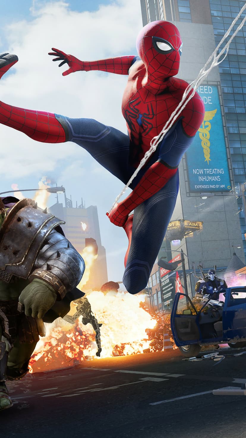 Spider-Man swings above a giant green monster and fiery explosions on a destroyed New York City street.
