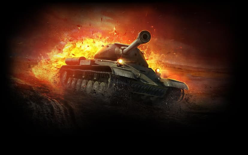 Soviet IS-3 heavy tank driving through a massive orange explosion with glowing headlights and flying debris.