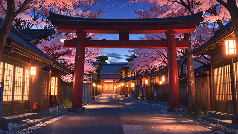 Red torii gate stands on a lantern-lit street under cherry blossom trees and a starry indigo night sky.