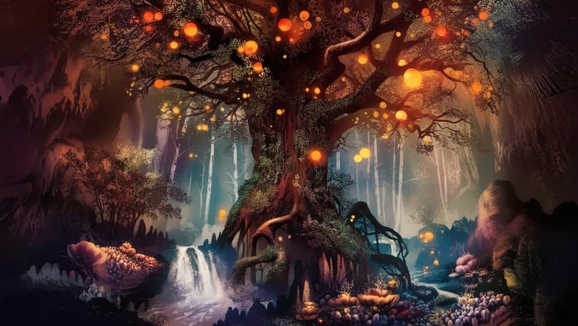 Glowing orange lanterns hang from a gnarled tree beside a forest waterfall and blue bioluminescent plants.
