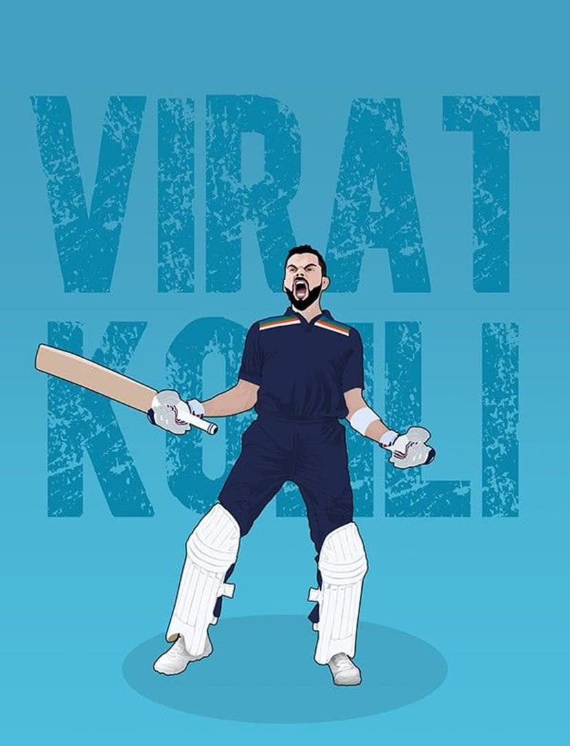 Virat Kohli shouting with arms wide and a cricket bat against a blue background with his name in large text.