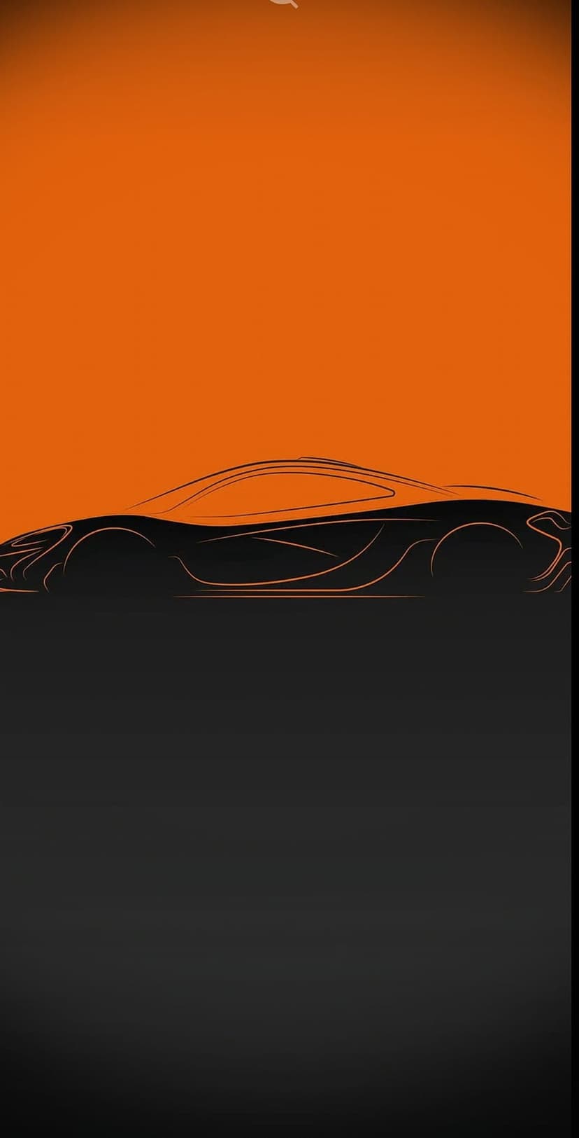 Sports car silhouette with orange outlines against a split orange and dark gray background for mobile screens.