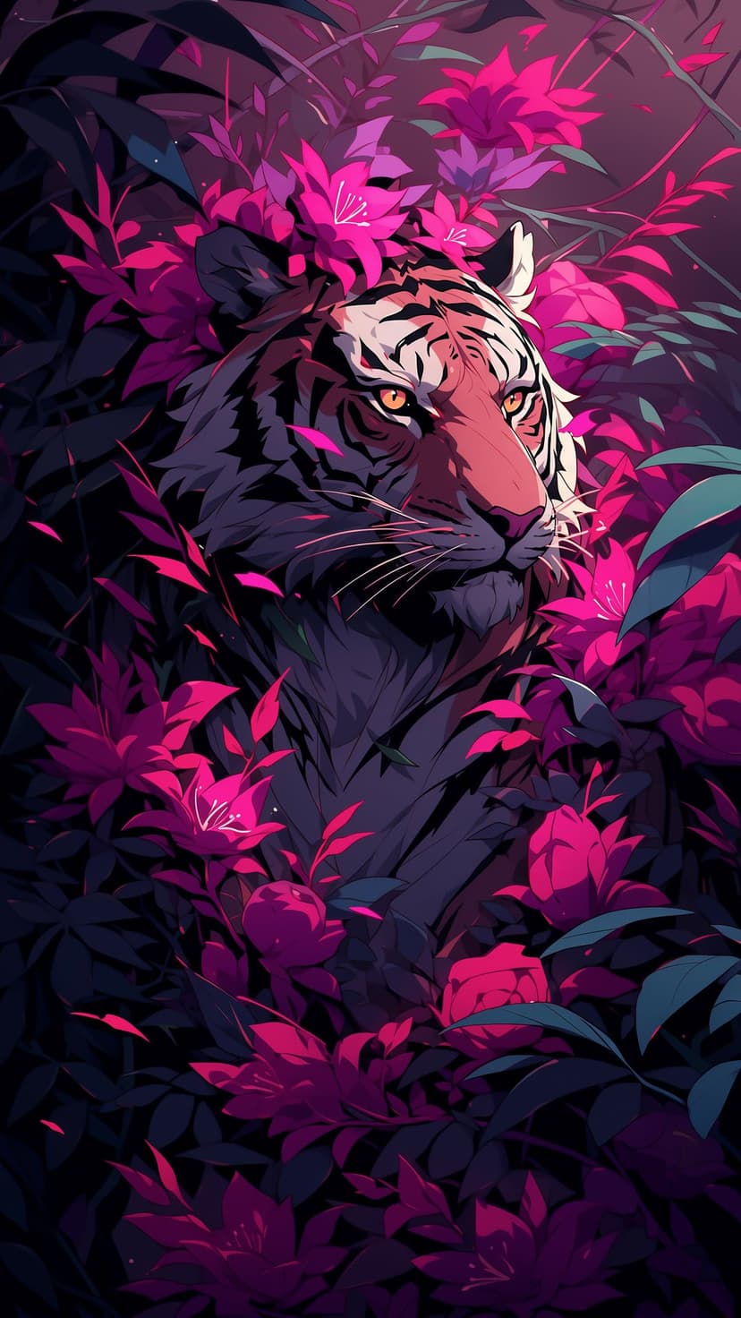 Bengal tiger prowls through dense neon pink orchids and violet tropical leaves with an intense focused gaze.