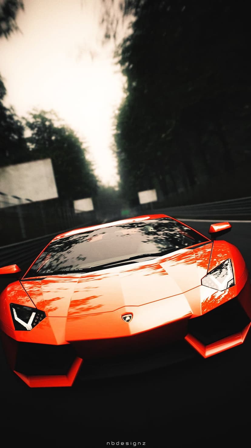 Orange Lamborghini Aventador races on a tree-lined asphalt road with motion blur and bright sun reflections.