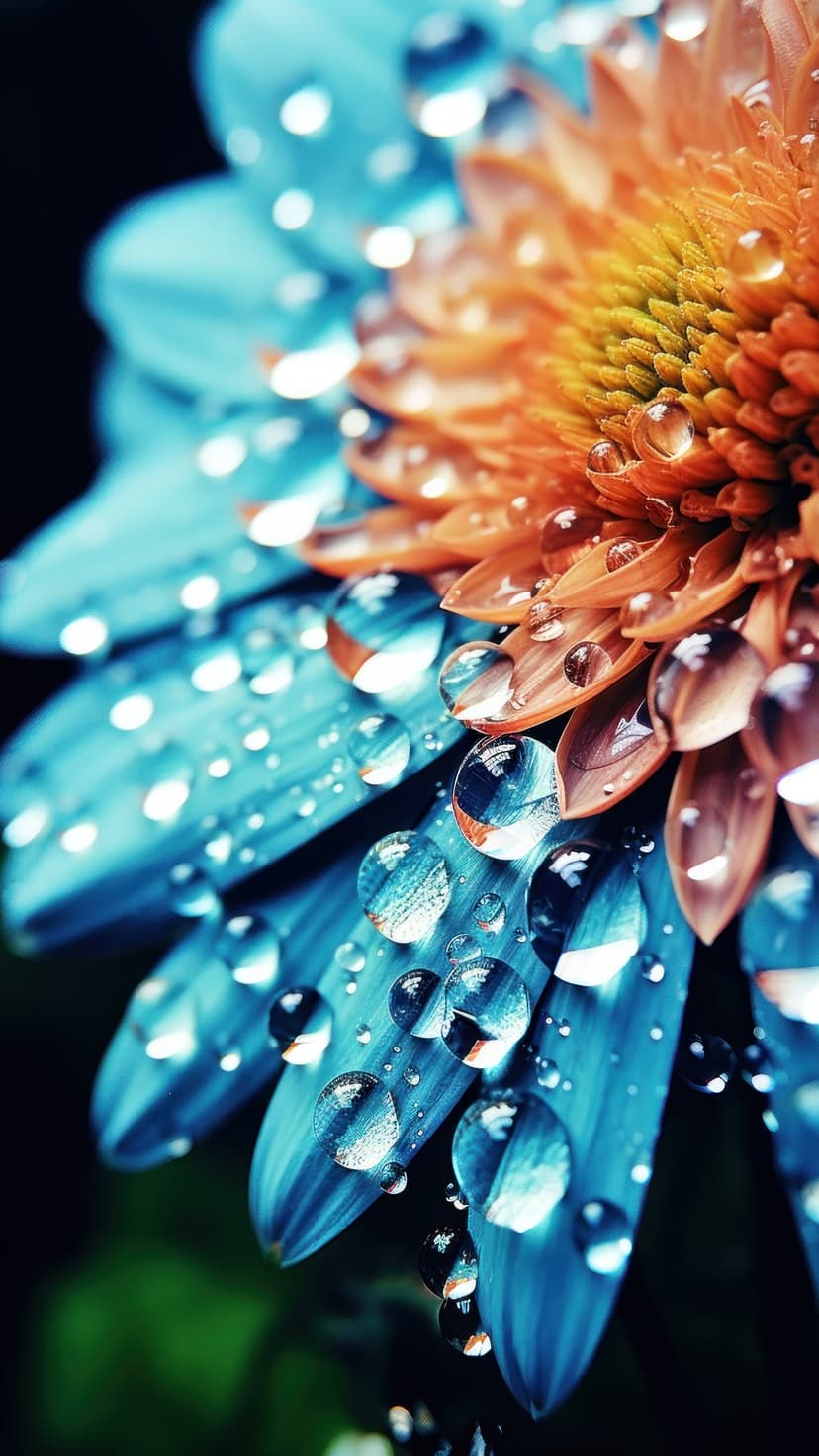 Water droplets refract light on vivid blue and orange flower petals set against a soft, blurred background.