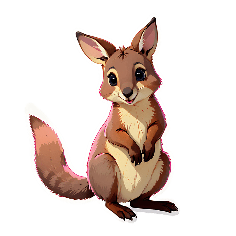 Russet wallaby sticker with pink outlines and glossy black eyes features soft brown fur and front-facing pose.