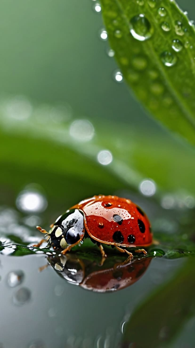Red ladybug with black spots sits on a wet green leaf covered in transparent, sparkling water droplets.