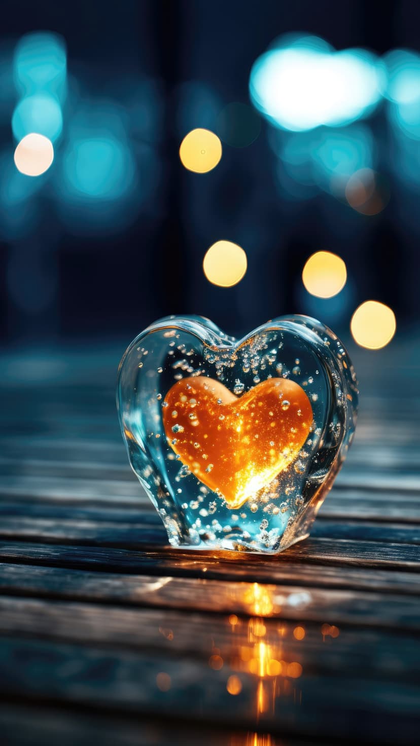 Glowing orange heart frozen inside clear ice with air bubbles and a blurry blue and yellow bokeh background.
