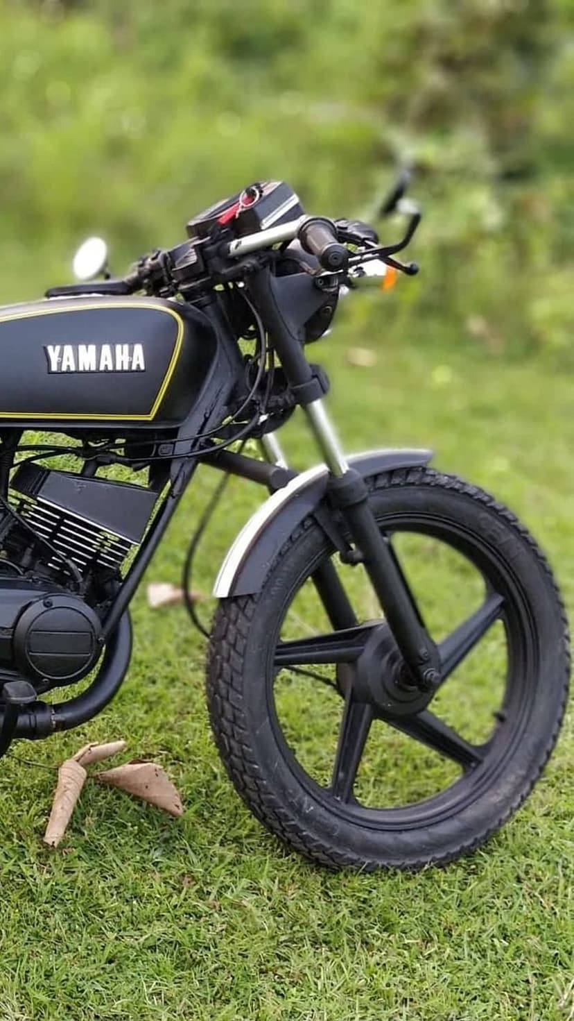 Black Yamaha RX-100 motorcycle with chrome engine details parked on green grass with a soft bokeh background.