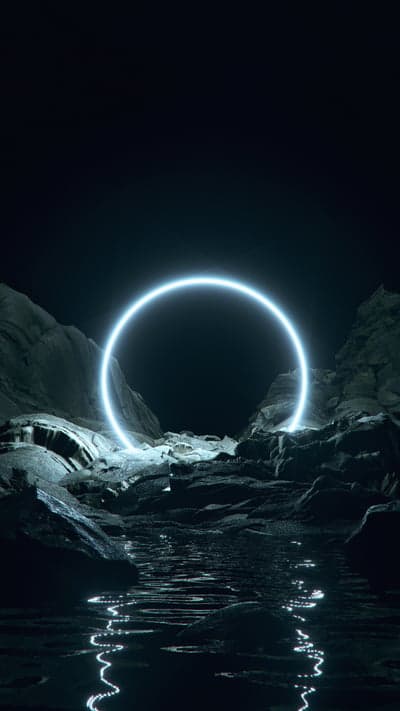 Neon Ring Portal in Rocky Landscape
