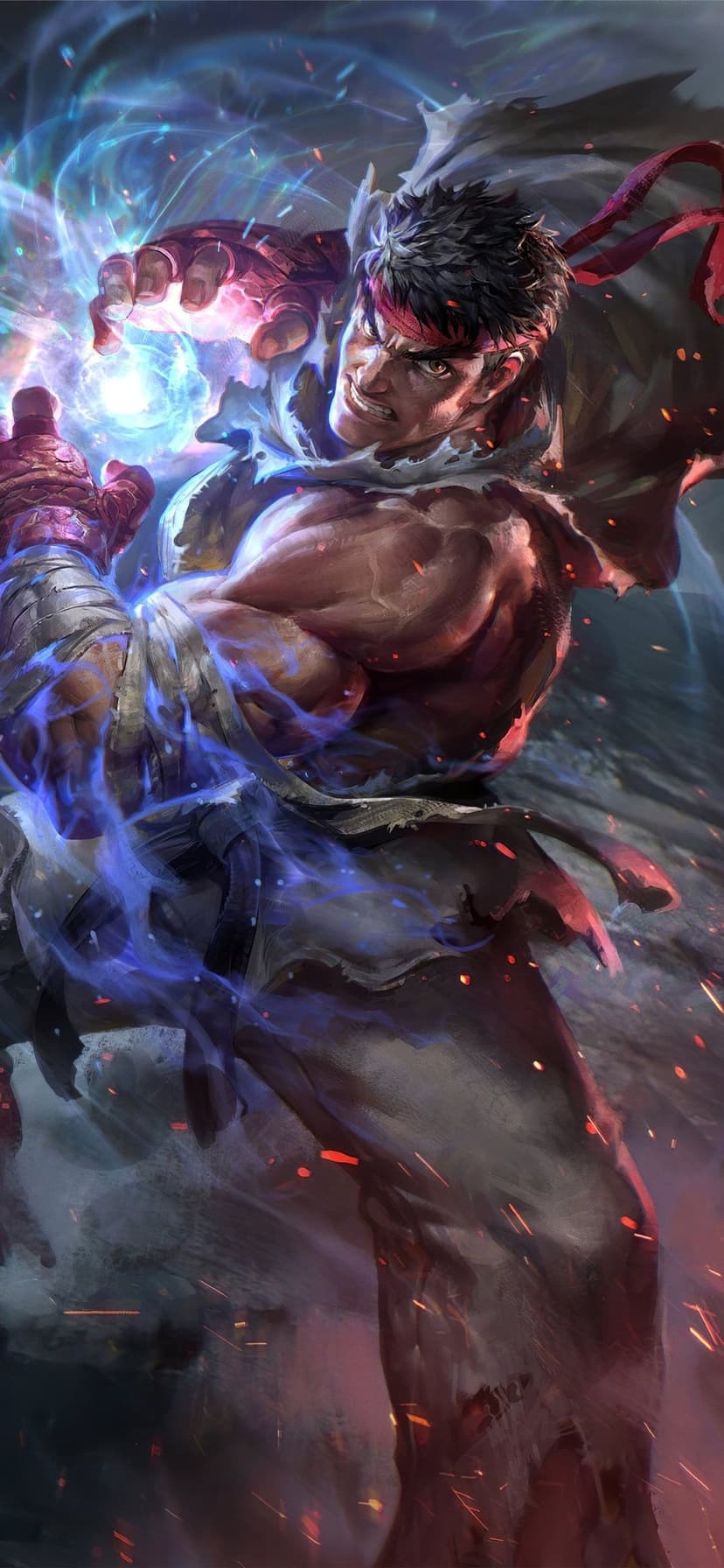 Ryu from Street Fighter charging a glowing blue energy Hadoken blast with sparks and intense expression.