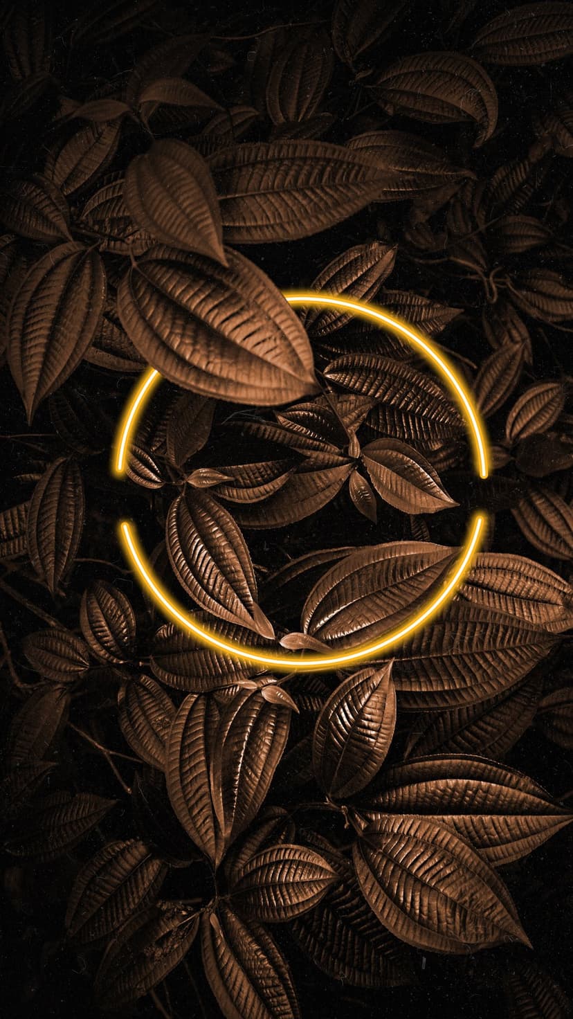 Glowing yellow neon circle floating above detailed dark brown autumn leaves with deep shadows and textures.