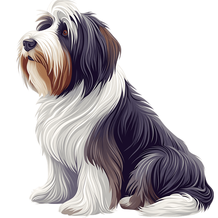 Bearded Collie sitting in profile, showing detailed long shaggy fur in black, white, and tan tones.